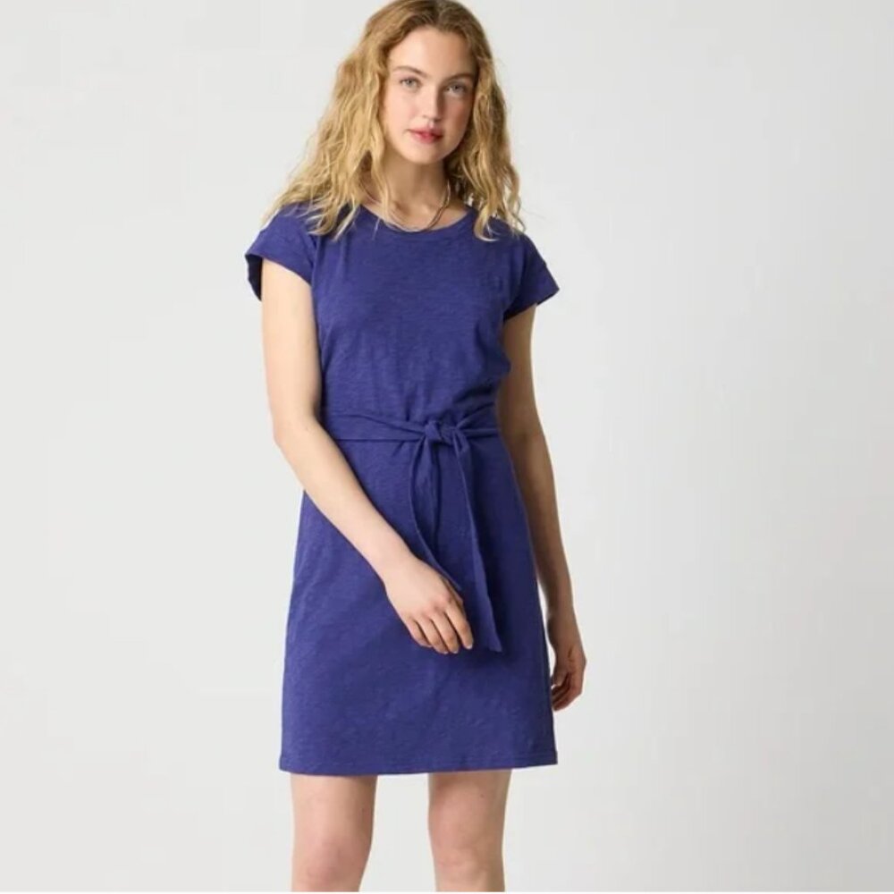 J. Crew Blue Cotton Knit Tie-Waist Mini Dress L